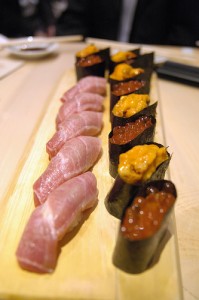 Sushi (Fatty Tuna, Sea Urchin, Salmon Roe). "yuichi.sakuraba" some rights reserved. flickr